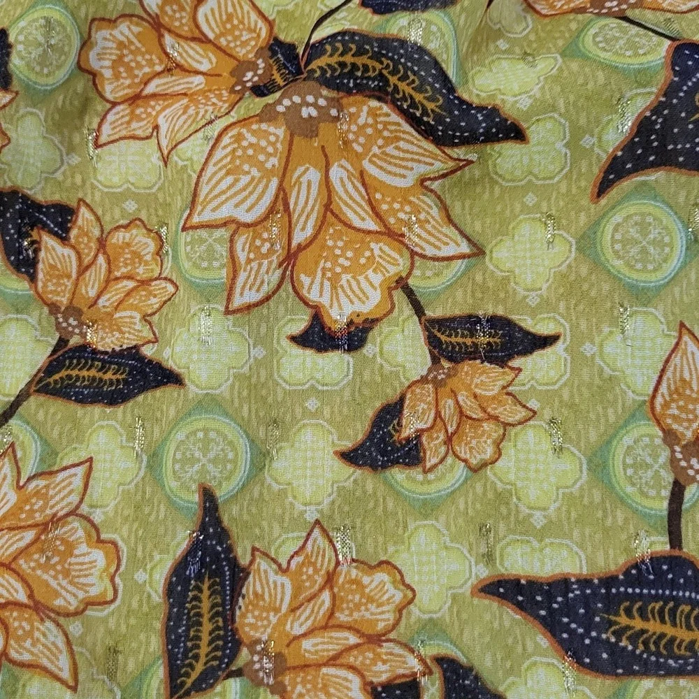 Rachel Roy Faux Wrap Top Womens Large Green Floral Lotus Smocked Waist Cottage